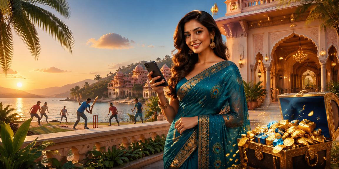 Happy user registering on mobile device in traditional Indian saree